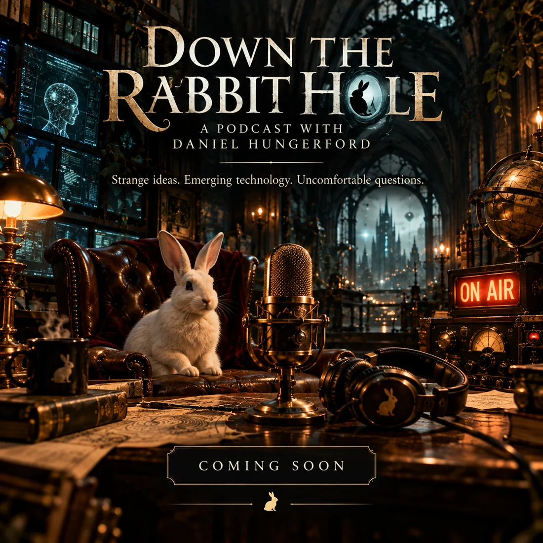 Down the Rabbit Hole podcast artwork: a white rabbit at a vintage microphone in a mysterious, candlelit studio.