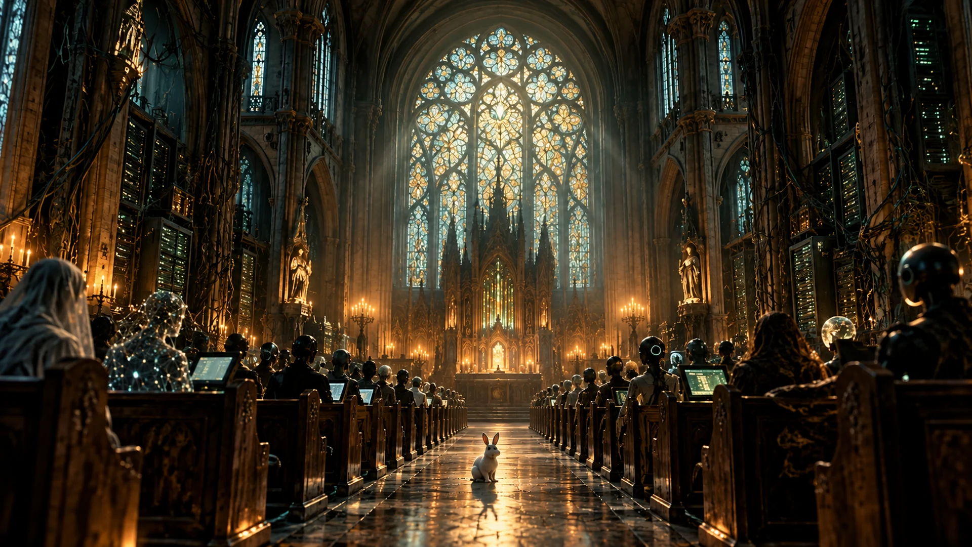 Robots seated in a candlelit cathedral lined with servers, with a white rabbit in the central aisle.